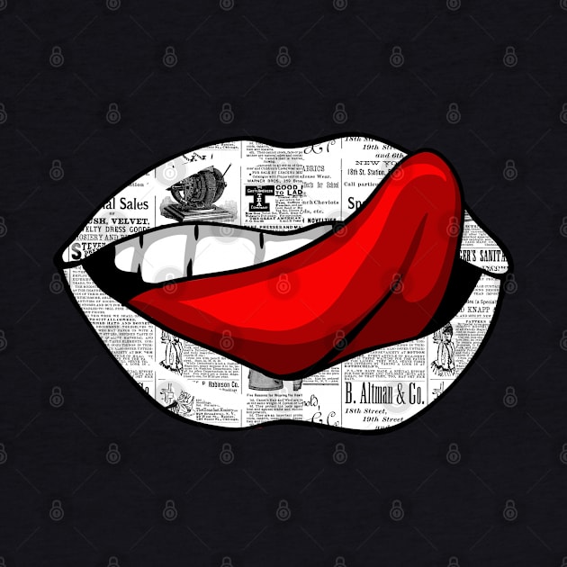 Artistic Abstract Newspaper Pattern Lips with Red Tongue - by Iskybibblle by iskybibblle